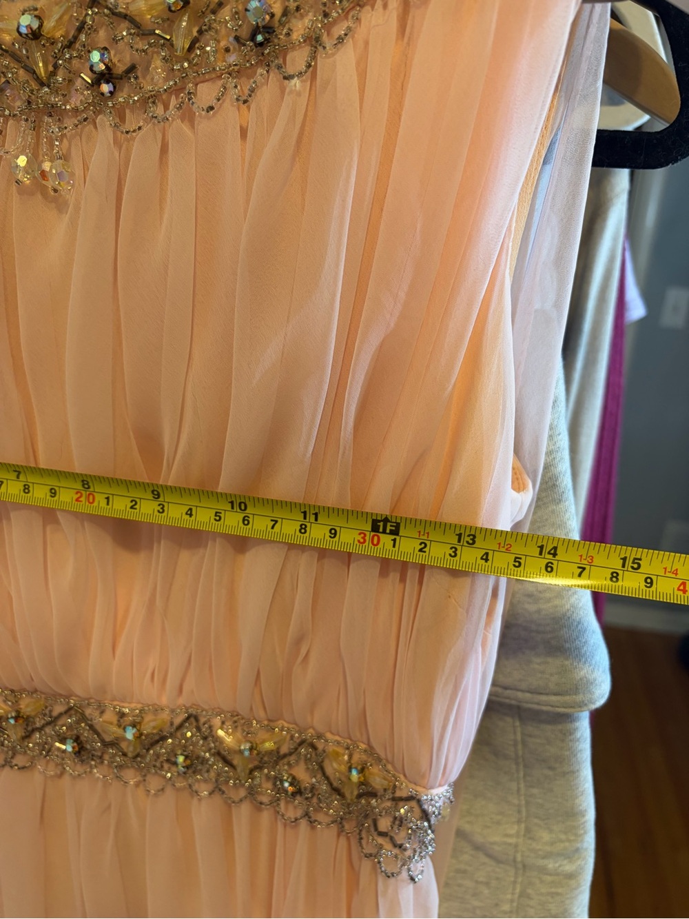 Union Made Vintage One-Shoulder Pale Pink Chiffon Gown with Beaded Embellishment - Picture 8 of 14